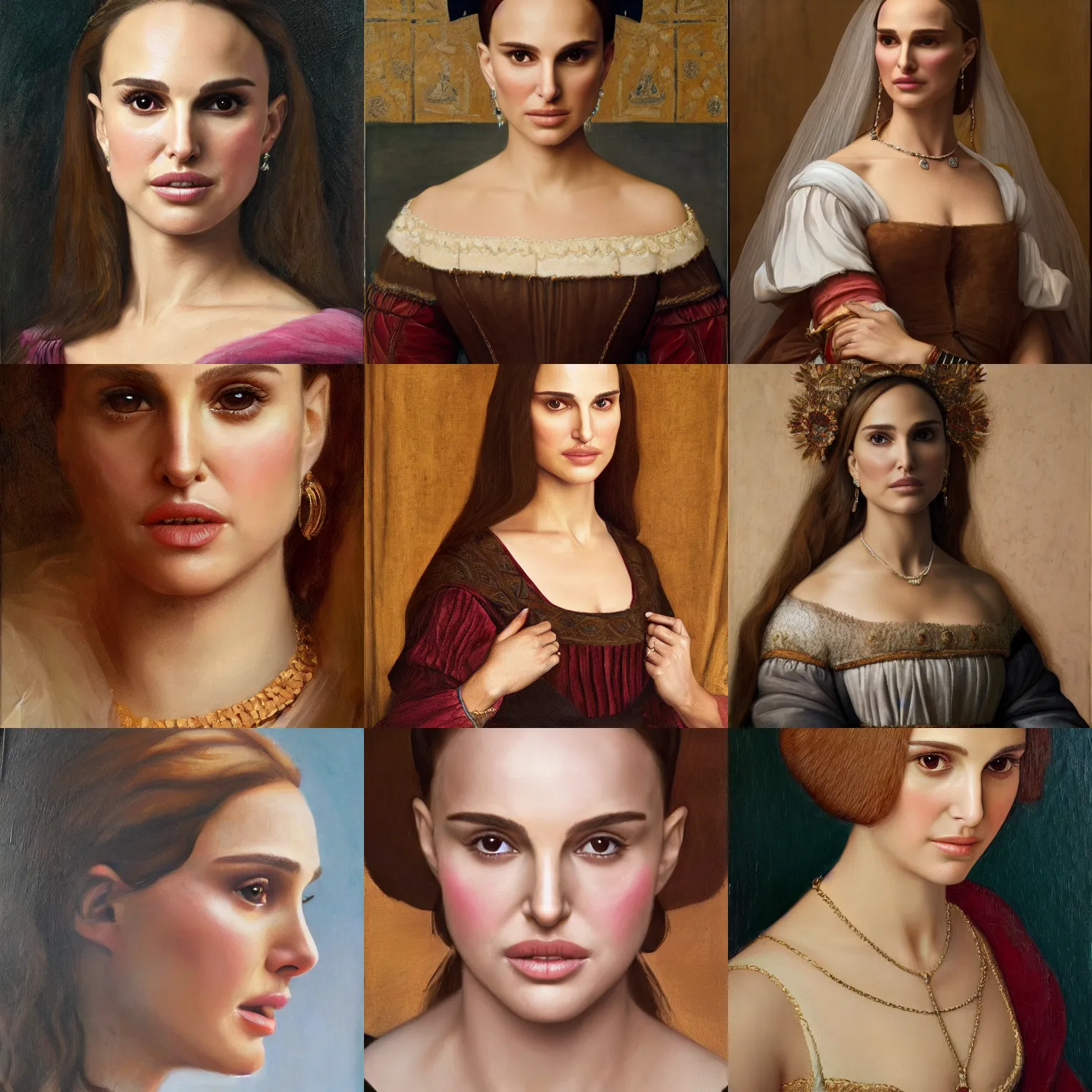 Prompt: a portrait of a Natalie Portman as beautiful female, full face, beautiful clothes, oil painting in a renaissance style , very detailed, 50mm 4k