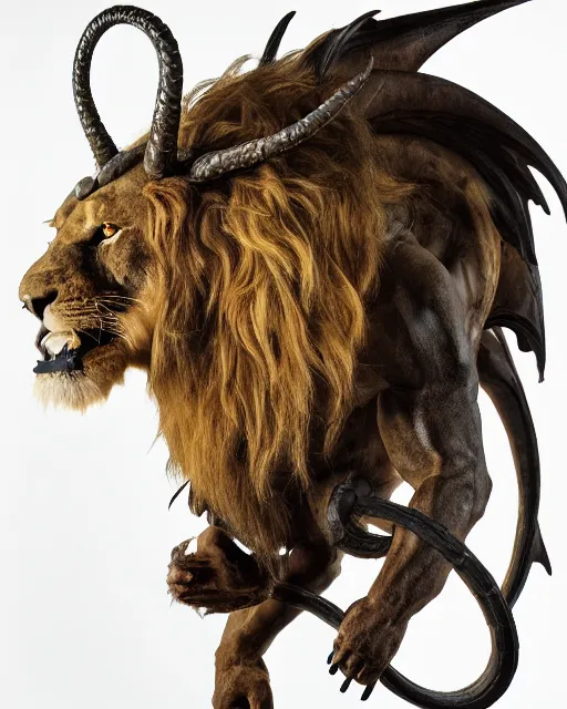 Image similar to photographs of a mythical manticore, a legendary animal with the head of a man, the body of a lion, and the tail of a dragon or scorpion 5 0 mm, studio lighting, in the style of national geographic