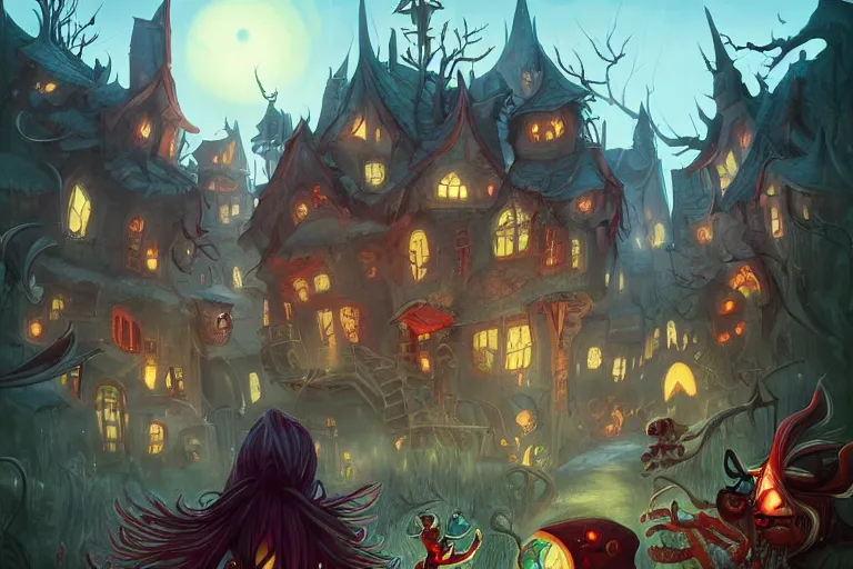 Image similar to scary village, american mcgee's alice, sharp focus, artstation, trending, by julie dillon, luis melo, tyler miles lockett, lei jin, hong lei, ken wong, adam narozanski, joy ang