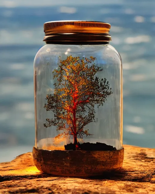 Prompt: glass jar with a burning tree inside, standing on a cliff, bokeh, ocean in the background, metal lid, dramatic lighting, hyperrealistic, volumentric lighting, highly detailed