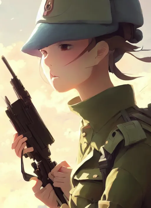 Prompt: portrait of cute soldier girl, cloudy sky background lush landscape illustration concept art anime key visual trending pixiv fanbox by wlop and greg rutkowski and makoto shinkai and studio ghibli and kyoto animation soldier clothing military gear realistic anatomy