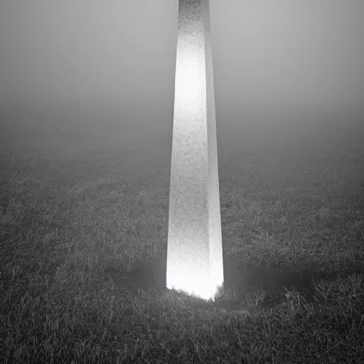 Image similar to magical glowing obelisk standing on a plain in the moonshine at night. foggy. eerie.