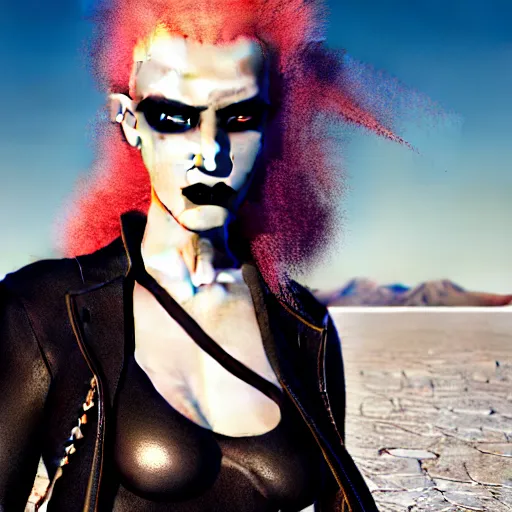 Image similar to photographic portrait of a stunningly beautiful goth cyberpunk renaissance female in strong sunshine on a salt flat, contemporary fashion shoot, by edward robert hughes, annie leibovitz and steve mccurry, david lazar, jimmy nelsson, breathtaking, 8 k resolution, extremely detailed, beautiful, establishing shot, artistic, hyperrealistic, beautiful face, octane render