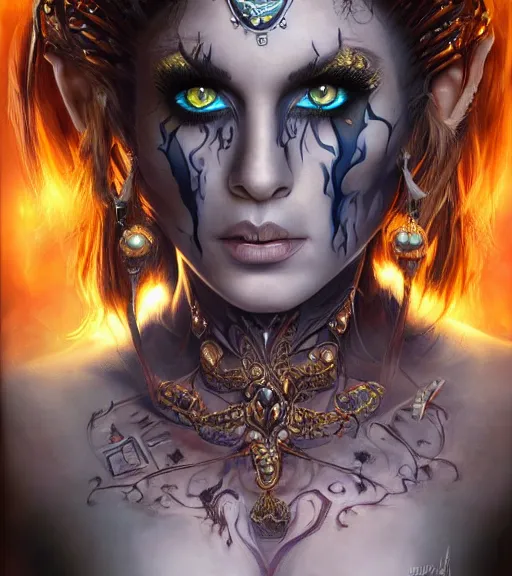 Image similar to a higly detailed airbrush full body shot and face portrait painting of a stunning female sorceress with piercing eyes beautiful eyes, dynamic lighting, ambient lighting, deviantart, art by simon bisley