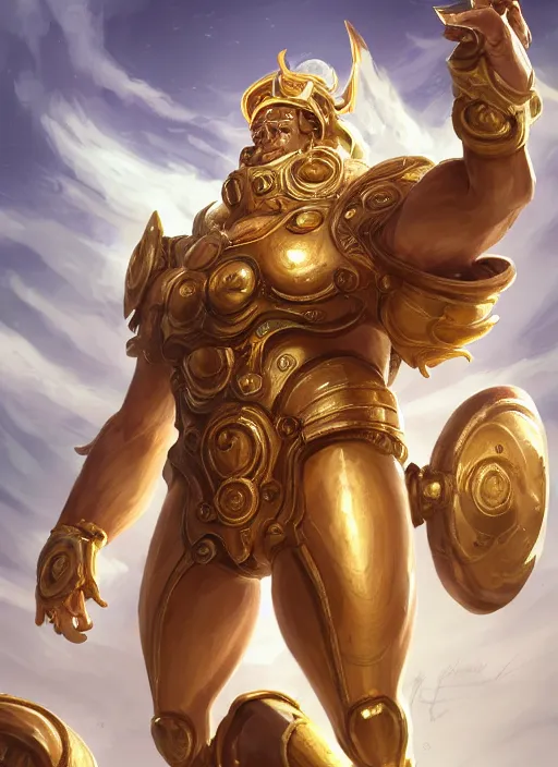 Image similar to a highly detailed illustration of gentle colossal golden greek mechanical giant, with cute doting eyes, intricate, elegant, highly detailed, centered, digital painting, artstation, concept art, smooth, sharp focus, league of legends concept art, wlop.