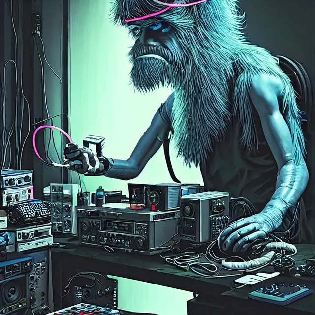 Prompt: a portrait of an anthropomorphic cyberpunk yeti podcasting while working in his secret electronics lab, detailed render, tape deck, microphone, boombox, headphones, epic composition, cybernetics, 4 k realistic, cryengine, realistic shaded lighting, sharp focus, masterpiece, by matteo scalera, gary montalbano, peter elson in the style of the tokyo ghost comic