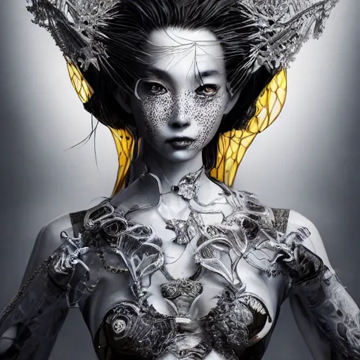 Prompt: the portrait of an absurdly beautiful, graceful, elegant, sophisticated, fashionable cyberpunk gravure idol, an ultrafine hyperdetailed illustration by kim jung gi, irakli nadar, takato yamamoto, intricate linework, bright colors, porcelain skin, unreal engine 5 highly rendered, fashion photography, fractal background, global illumination, radiant light, detailed and intricate environment