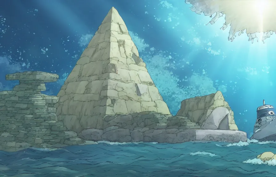 Image similar to a realistic studio ghibli cell shaded cartoon showing a submarine in front of a white pyramid with a gold capstone underwater at the bottom of the sea. shafts of sunlight come from above. wide shot, very dull muted colors, hd, 4 k, hq