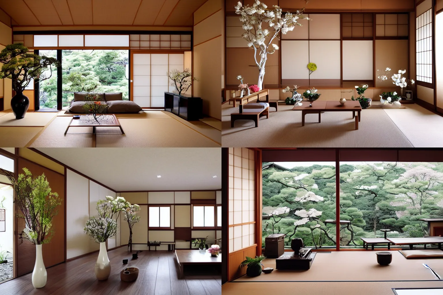 Prompt: a modern Japanese living room, traditional Japanese flower arrangements