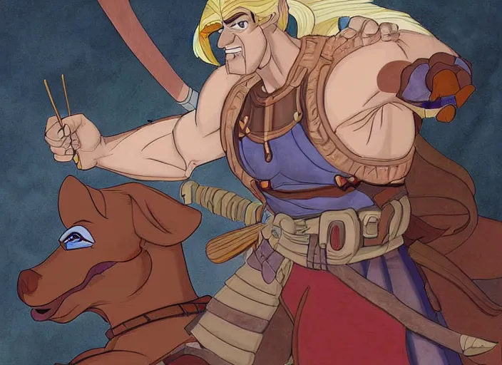 Image similar to official digital painting artwork of a male warrior character by don bluth.