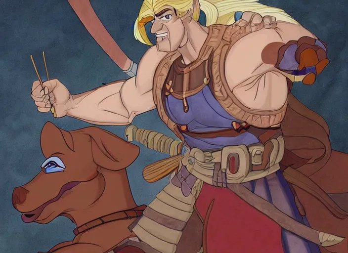 Prompt: official digital painting artwork of a male warrior character by don bluth.