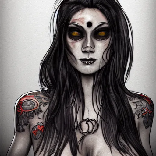 Prompt: Hot young woman with grey skin, void eyeballs, tattoos, and wearing leather concept art