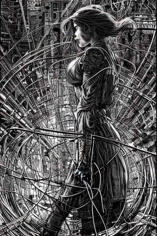 Image similar to dreamy cyberpunk girl, wires and electricity, beautiful, epic grunge, intricate complexity, by dan mumford and by alberto giacometti, arthur rackham