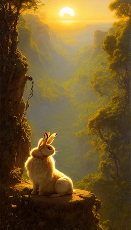 Image similar to rabbit looking off of a cliff, sun setting behind rabbit, lush forest in valley below, painted by tom bagshaw, james gurney, gaston bussiere, craig mullins, j. c. leyendecker 8 k