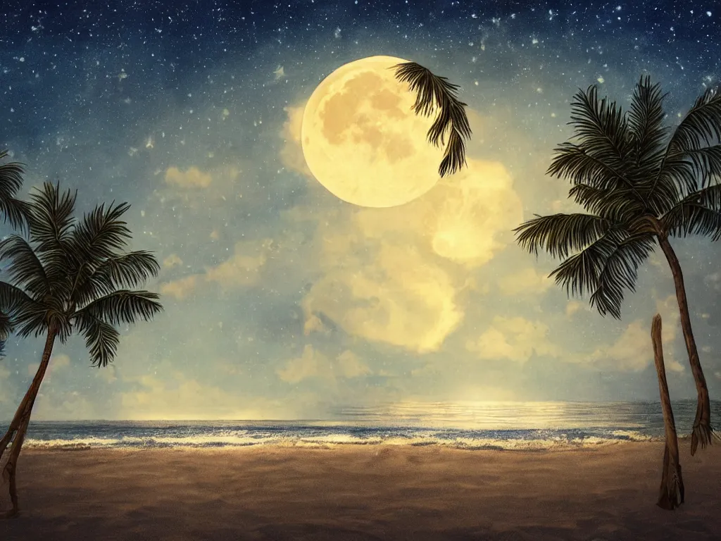 Prompt: night on a summer beach in miami, palm trees, footprints in the sand, full moon, moon reflected in the calm ocean, starry sky 8 k, ultra detailed, trending on artstation, digital painting