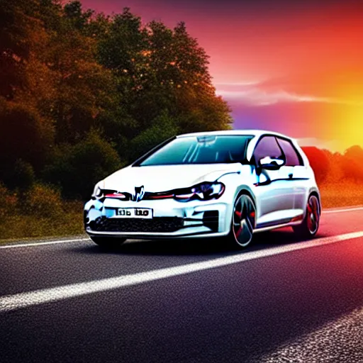 Image similar to a car VW Golf GTI in middle of road, Germany, city sunset, cinematic color, photorealistic, highly detailed, bokeh