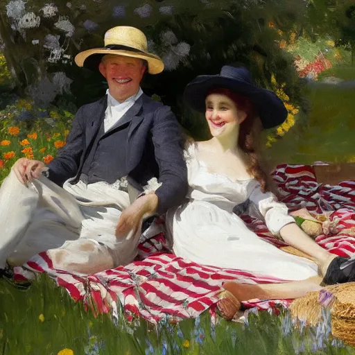 Image similar to a young man and woman sitting in a beautiful garden on a picnic blanket on a hot summers day laughing, john singer sargent style, 4 k, beautiful, elegant, vintage