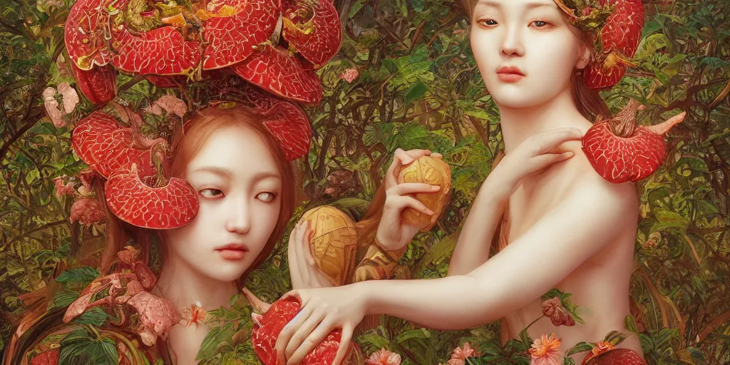 Image similar to breathtaking detailed concept art painting of the goddess of rafflesia arnoldii flowers, orthodox saint, with anxious, piercing eyes, ornate background, amalgamation of leaves and flowers, by Hsiao-Ron Cheng, James jean, Miho Hirano, Hayao Miyazaki, extremely moody lighting, 8K