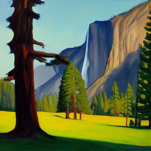 Image similar to a beautiful painting of a sequioia tree in the middle of yosemite valley in the style of edward hopper