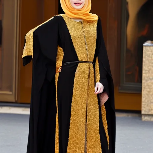 Image similar to A full body portrait of Emma Stone wearing a Black Arabian abaya , high quality, fully detailed, 4k