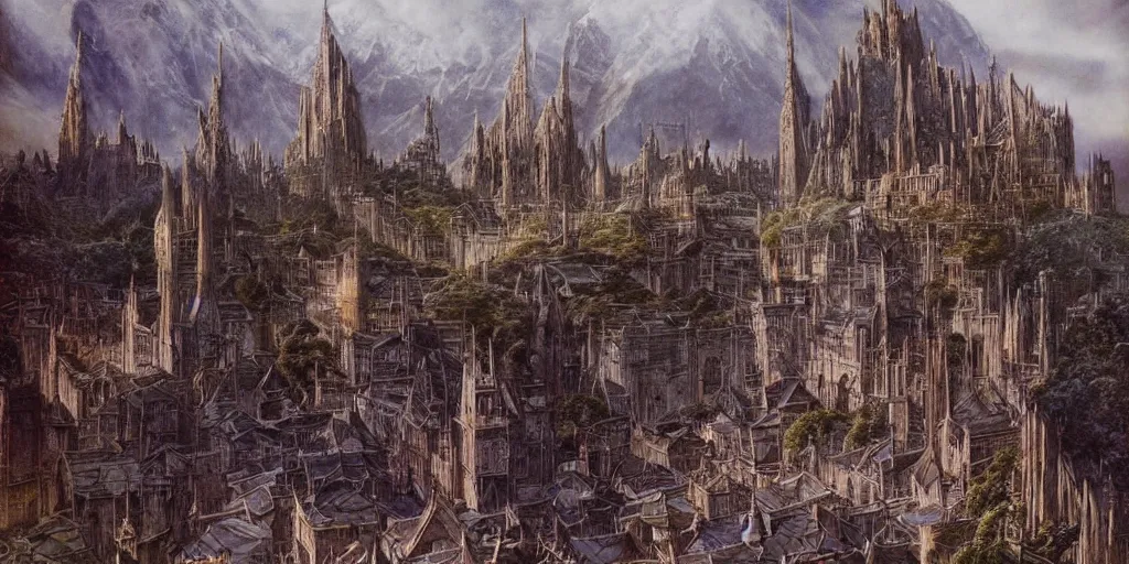 Image similar to The city of Gondolin, artwork by Alan Lee, The Lord of the Rings, Tolkien, The Fall of Gondolin, Silmarillion, fantasy, elves, art, painting, beautiful