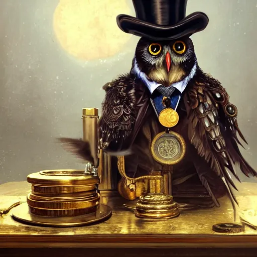 Prompt: oil painting of grumpy rich steampunk owl, sitting in fancy chair, wearing top hat, holding gold coin, steampunk factory background, machines in background, sharp focus, fantasy style, octane render, volumetric lighting, 8k high definition, by greg rutkowski, highly detailed, trending on art Station, magic the gathering artwork, centered, deviantart,