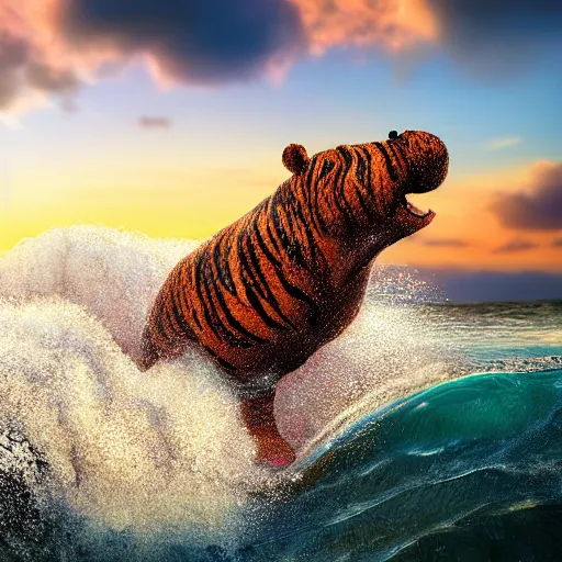 Image similar to a closeup photorealistic photograph of a cute knitted tiger hippopotamus riding an epic wave during sunset. well textured. surf in the background. professional capture. brightly lit scene. this 4 k hd image is trending on artstation, featured on behance, well - rendered, extra crisp, features intricate detail, epic composition and the style of unreal engine.