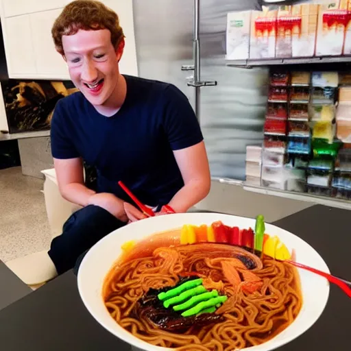 Image similar to mark zuckerberg eating gummy worm ramen