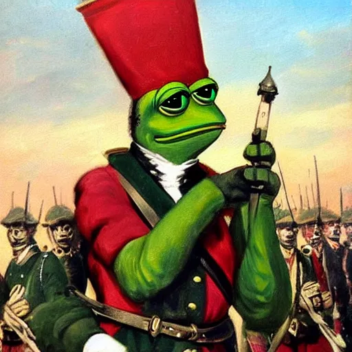 Image similar to pepe the frog saluting prussians soldiers in 1864, expressive oil painting