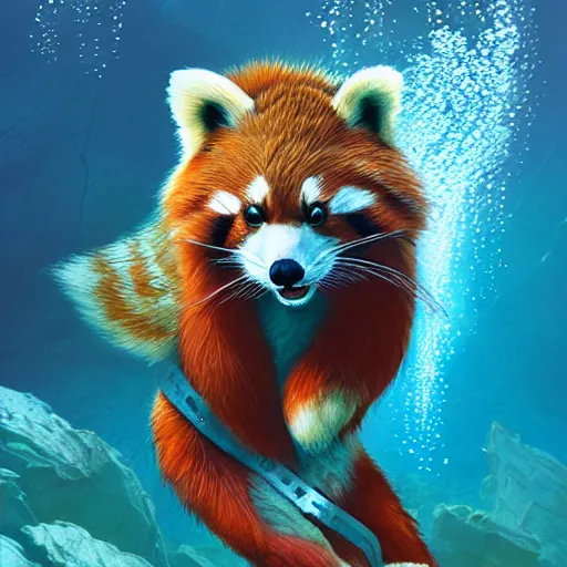 Image similar to commissioned portrait of a furry anthro female red panda scuba diving underwater, painted todd lockwood, jeff easley, greg rutkowski, james gurney, artgerm, digital art, trending on artstation