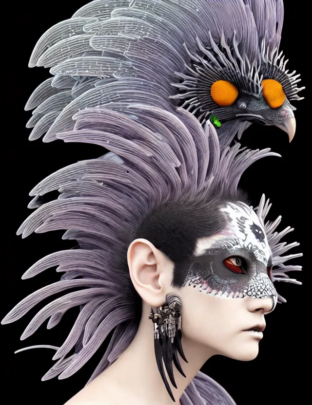 Image similar to 3 d goddess close - up profile simple portrait punk with mohawk with ram skull. beautiful intricately detailed japanese crow kitsune mask and clasical japanese kimono. betta fish, jellyfish phoenix, bio luminescent, plasma, ice, water, wind, creature, artwork by tooth wu and wlop and beeple and greg rutkowski