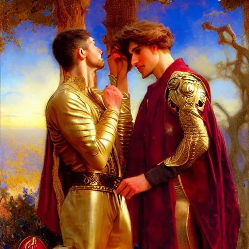 Prompt: attractive fully clothed king confesses his love for his attractive fully clothed male prince. highly detailed painting by gaston bussiere, mark brooks, j. c. leyendecker