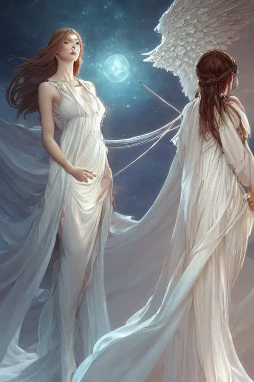 Image similar to Angels in white gauze dresses, the glow of the moonlight, fantasy, intricate, elegant, highly detailed, digital painting, artstation, concept art, matte, sharp focus, illustration, art by Artgerm and Greg Rutkowski and Alphonse Mucha