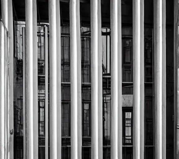 Prompt: Joachim Brohm photo of 'avengers thanos laughing behind jail bars', high contrast, high exposure photo, monochrome, DLSR, grainy