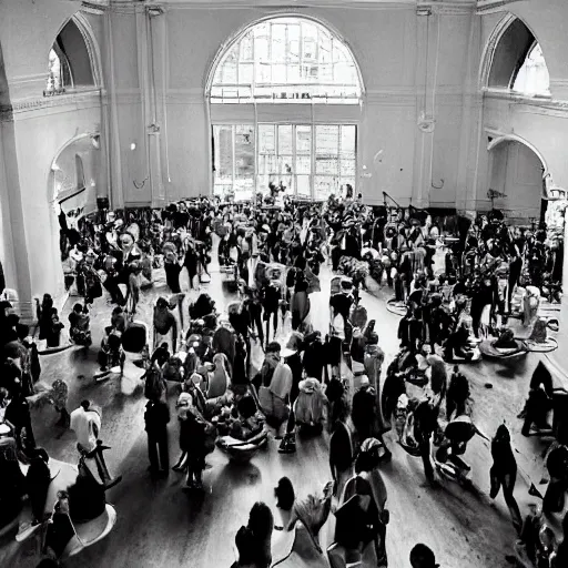 Image similar to A beautiful photograph of a large room with many people in it. There is a lot of activity going on, with people talking and moving around. The room is ornately decorated and there is a large window at one end. by Bruce Davidson