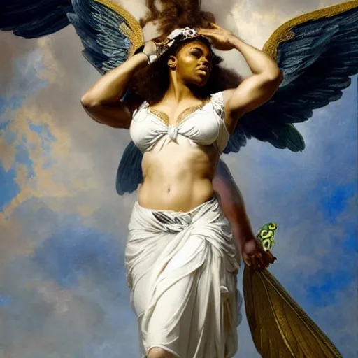 Image similar to Portrait of Serena Williams with wings as Nike Goddess standing proud, large wings, luxuriant, dreamy, eternity, romantic, strong pose, highly detailed, in the style of Franz Xaver Winterhalter, highly detailed, in the style of Aetherpunk