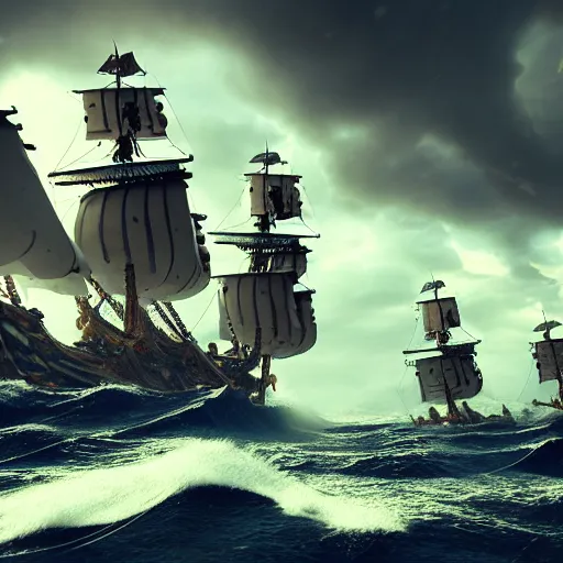 Prompt: pirate ships on a stormy magical sea, highly detailed, 4k, HDR, award-winning, artstation, octane render