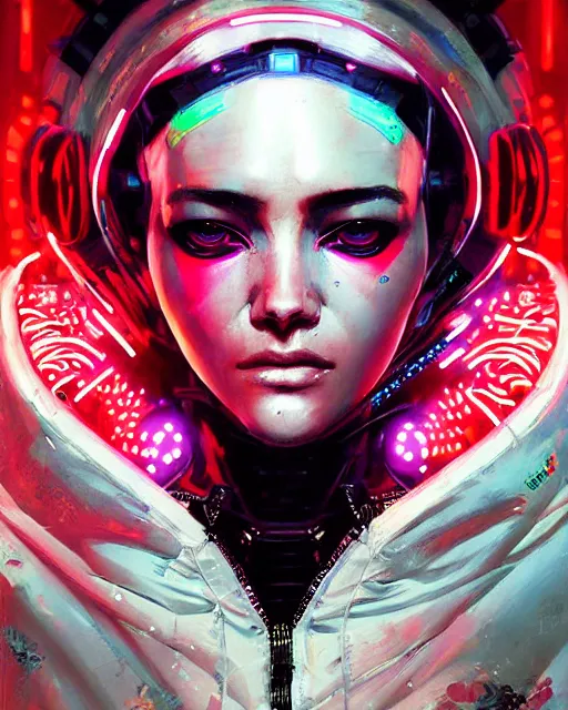 Image similar to detailed portrait cybernetic woman, cyberpunk futuristic neon, reflective puffy coat, decorated with traditional japanese ornaments by ismail inceoglu dragan bibin hans thoma greg rutkowski alexandros pyromallis nekro rene maritte illustrated, perfect face, fine details, realistic shaded, fine - face, pretty face