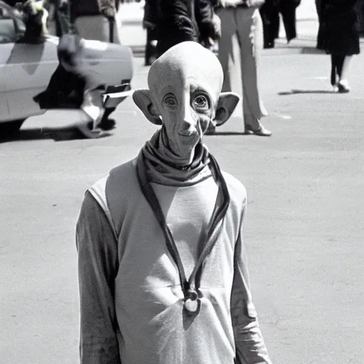 Prompt: conehead dobby 1980s street performer