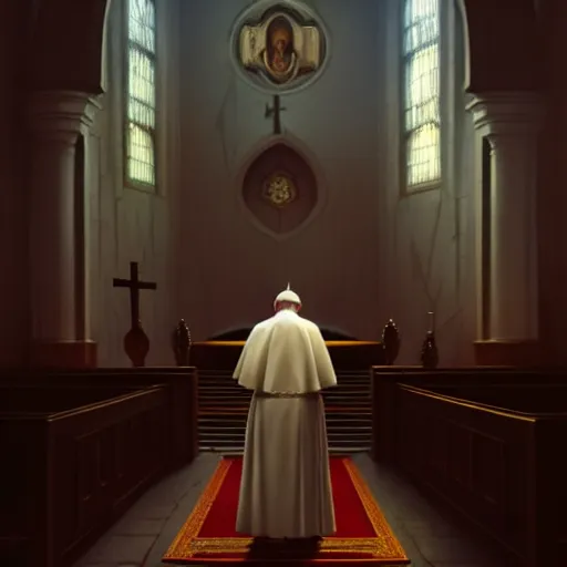 Image similar to pope standing in a curch, digital painting, greg rutkowski, artstation, cinematic, matte painting