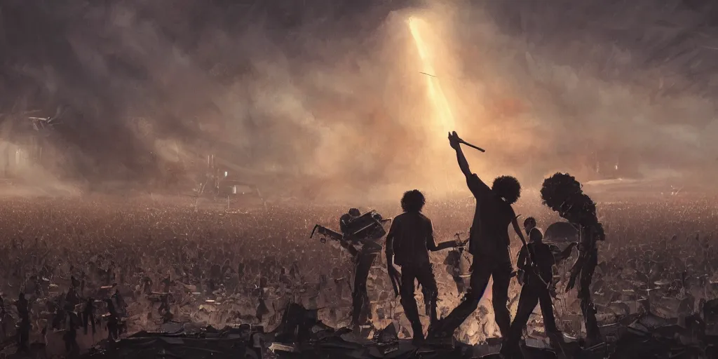Prompt: concept art, of a [ rage against the machine ] band memebers!!! concert!!! humans fighting with robots!!, detailed, close shot, dark concept art, dark skies painting by wlop, nixeu and greg rutkowski, beautiful, semirealism, artstation, octane render, oil painting, sharpness, 8 k, golden ratio