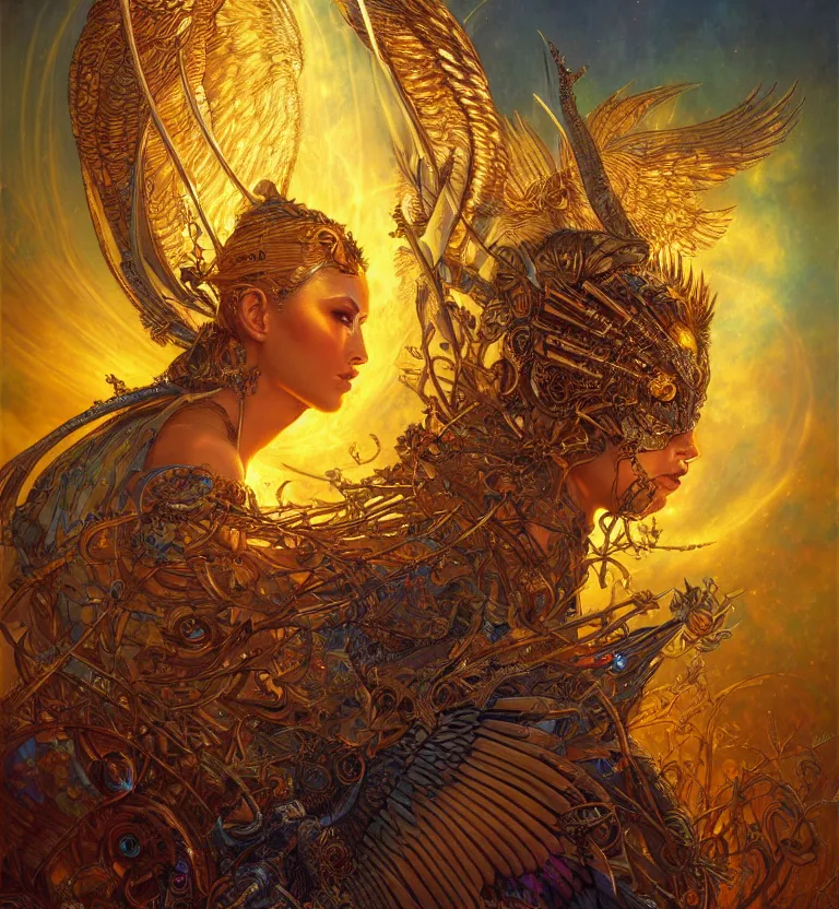 Image similar to a beautiful tarot card artwork of a cyberpunk seraphim in nature, backlit, highly detailed, golden hour, digital painting, by karol bak and justin gerard and dan mumford and artgerm, vivid colors, masterpiece, detailed shading, 8 k resolution, intricate, smooth