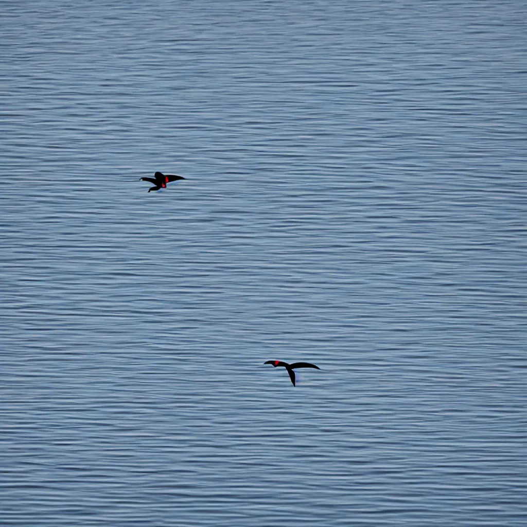 Prompt: a toucan flying on a lake, midnight, lake, reflections, dark, mystery, wavy lake, moon light