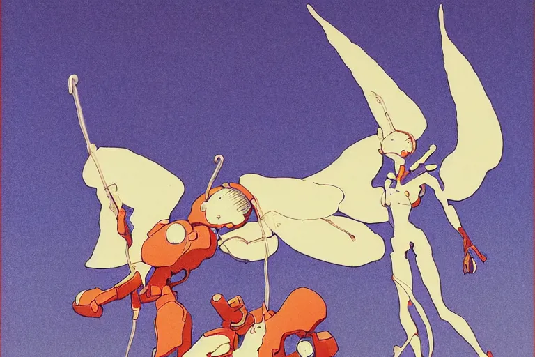 Prompt: gigantic evangelion angels with human faces catch tiny threads, a lot of exotic mechas robots around, human heads everywhere, risograph by kawase hasui, dirtyrobot, edward hopper, satoshi kon and moebius, colorful flat surreal design, super - detailed, a lot of tiny details, fullshot