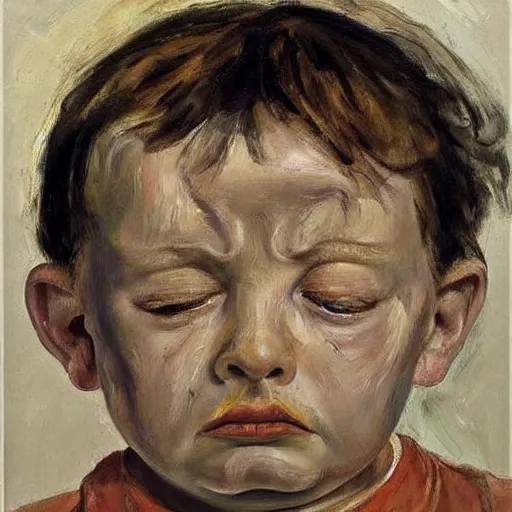 Prompt: Oil painting Portrait of a crying child, by Lucian Freud, Abstract brush strokes, Masterpiece