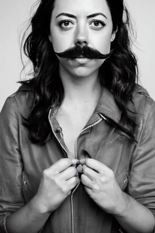 Prompt: photo of Aubrey Plaza with Ron Swanson moustache, portrait, 3/4 view, Refined, Detailed professional photo, 50mm lens, Canon eos, blurry distant background, Highly Detailed, Cinematic Lighting, 8k