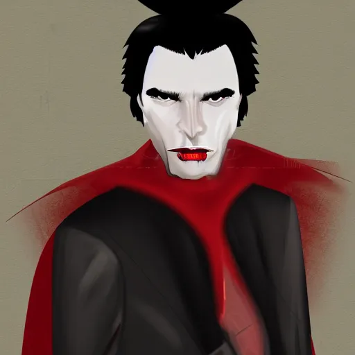 Image similar to a vampire, male, late - 4 0 s aged, long, slicked black hair, clean shaven, in red and black, medieval fantasy, digital art, cinematic shot, full body shot, concept art.