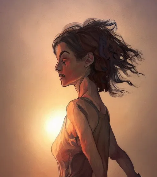 Image similar to Portrait of woman dancing, in the apocalyptic sunrise, countryside, dimly lit, wispy smoke, intricate, highly detailed, digital painting, artstation, concept art, sharp focus, illustration, art by manara