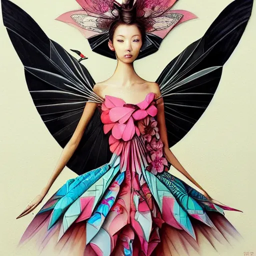 Prompt: full length view of a beautiful girl wearing an origami dress, hummingbirds, elegant, by esao andrews, by eiko ishioka, givenchy, by peter mohrbacher, centered, dramatic, floral ornamentic on cloth and hair, detailed beautiful face, high depth of field, origami, detailed fashion illustration, vogue, japanese, reallusion character creator