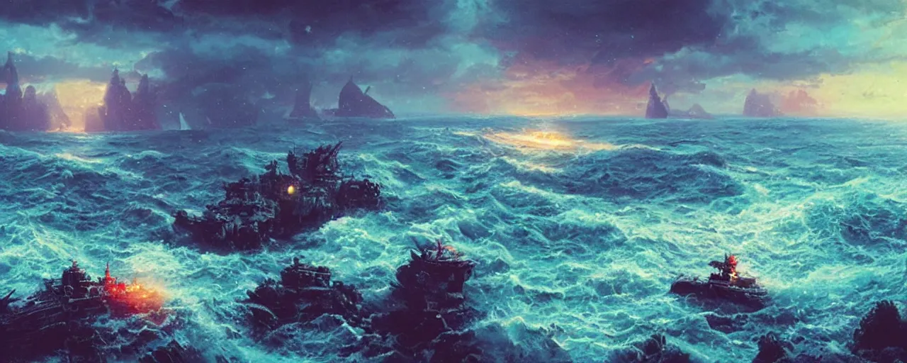 Image similar to ” still ocean, [ art by paul lehr, cinematic, detailed, epic, widescreen, opening, establishing, mattepainting, photorealistic, realistic textures, octane render ] ”
